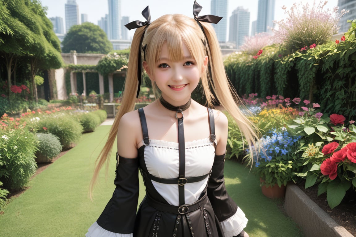 score_9, score_8_up, score_7_up, 1 girl, solo, happy, looking at viewer, upper body, doamarie, blonde hair, twintails, hair ornament, hair ribbon, choker, harness, black skirt, black and white dress, detached sleeves, black sleeves, thigh strap, cityscape, garden, flowers, reality,