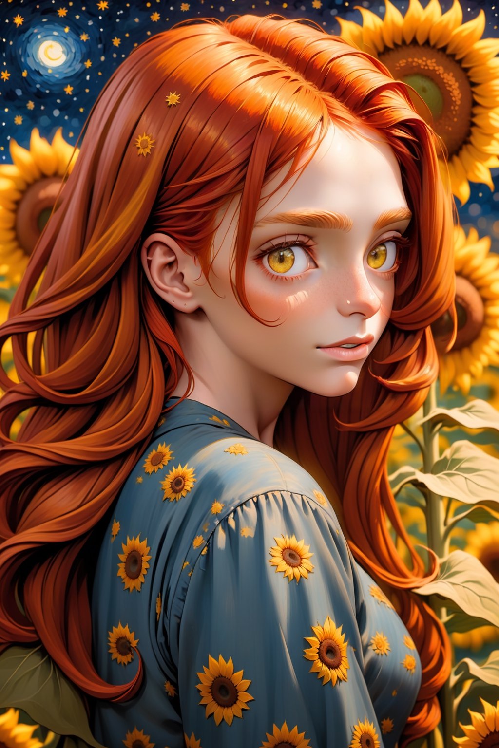 Beautiful woman, red hair, sunflower field, amber eyes, 8k, best quality, (van gogh, starry night background), detailed hair, detailed eyes