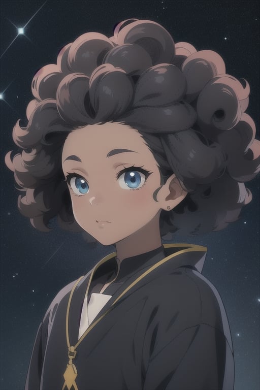 anime character, detailed, dark skin color, with a big afro, blue eyes, on starry night background