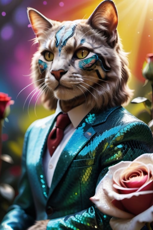 man snakeskin, confident, sunny background, glitter roses,Animal,Colourful cat 