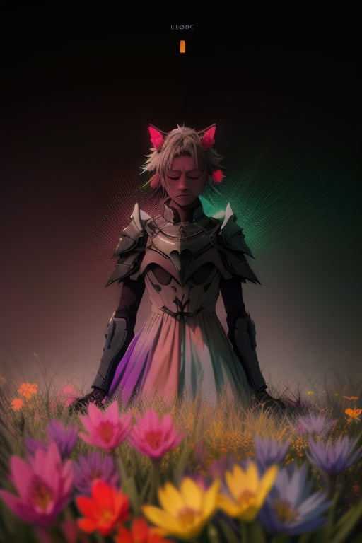 cat, flower dress, colorful, darl background,flower armor,green theme,exposure blend, medium shot, bokeh, (hdr:1.4), high contrast, (cinematic, teal and orange:0.85), (muted colors, dim colors, soothing tones:1.3), low saturation