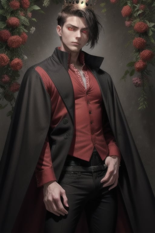 (Tall young handsome man, black, red eyes, glowing eyes, levi ackerman hairstyle,) coat, black coat, shirt, red shirt, pants, black pants, crown, king, cape, black waistcoat, ,Hanahaki disease, flower background