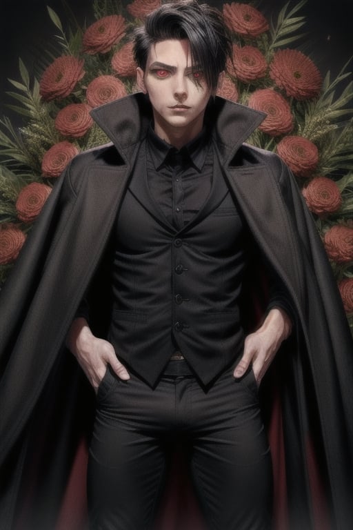 (Tall young handsome man, black, red eyes, glowing eyes, levi ackerman hairstyle,) coat, black coat, shirt, red shirt, pants, black pants, crown, king, cape, black waistcoat, ,Hanahaki disease, flower background