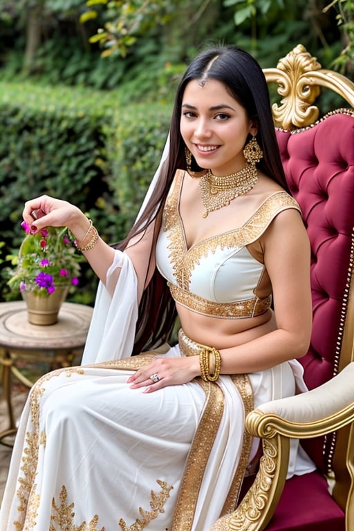 Create a yoursself as female beauty, high detailed, nature background, indian girl,  with jewleary,  photo realistic, high quality,ssmiling, instagram model, siting on a royal chair, smiling and seductive looks, wearing golden bangles, wide range of colours.,photo r3al,detailmaster2,aw0k euphoric style,FilmGirl