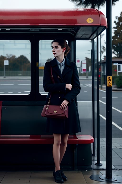 A girl waiting for a bus in a bus stop. in style of Gabriel Pacheco