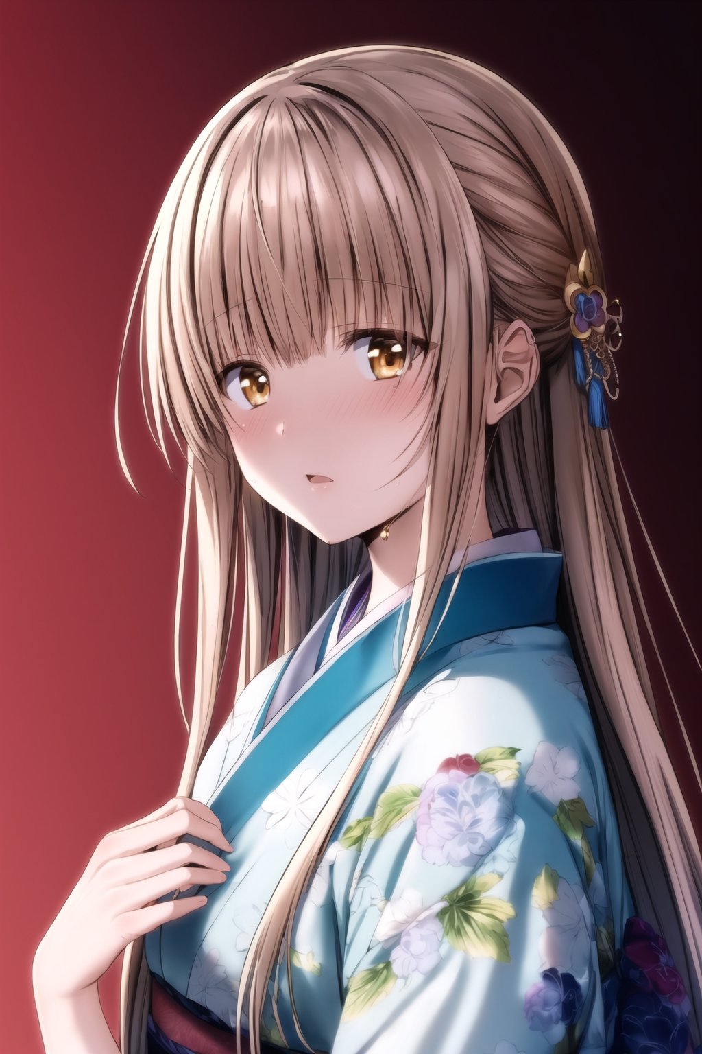 best quality, masterpiece, highres, 1girl,  Mahiru Shiina, intricate details, colorful kimono, hairpin, looking slightly shyly to the side, extremely detailed 8K wallpaper, an extremely delicate and beautiful, cinematic lighting, (Bare:2)