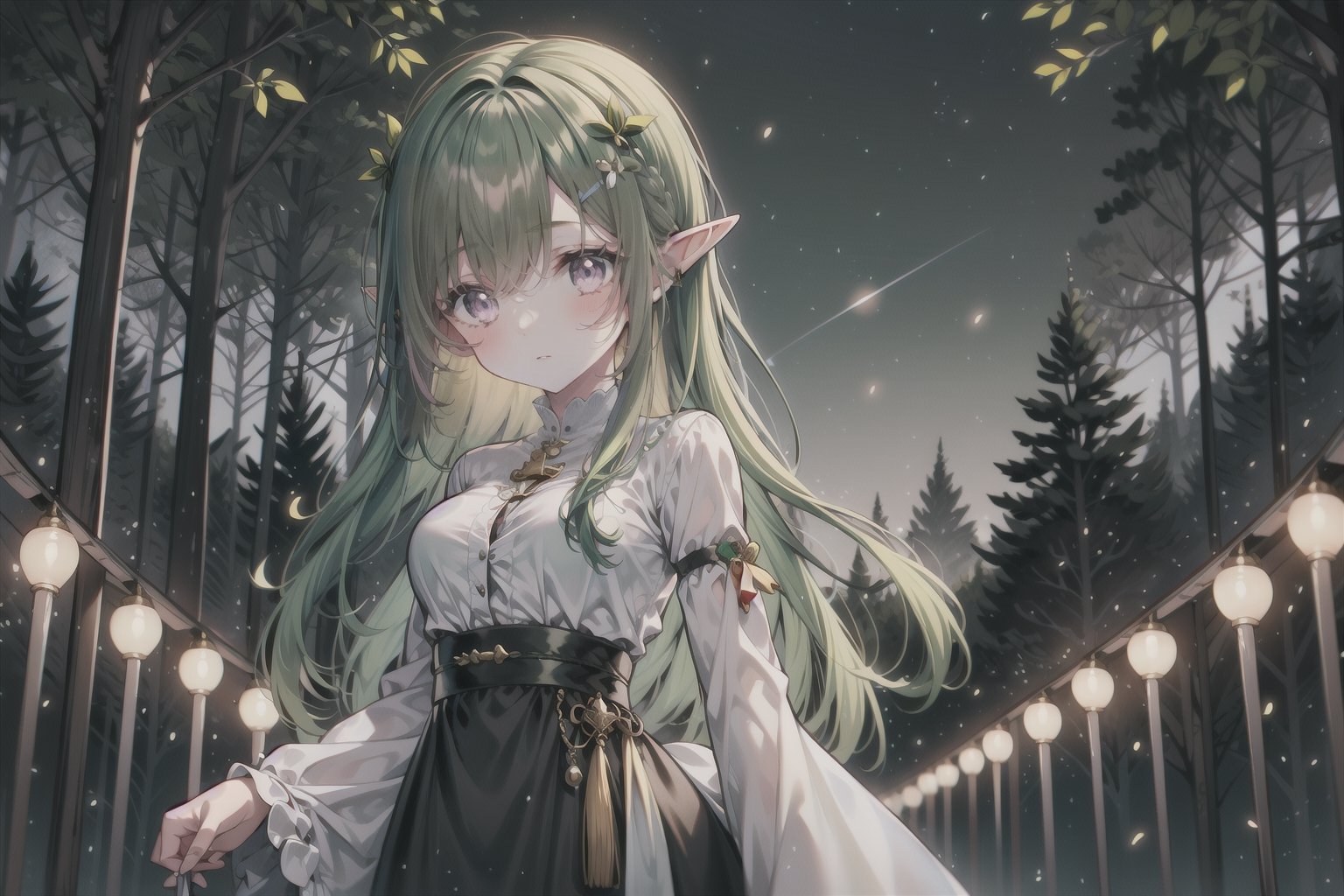 1girl,elf,elf_ears,green_hair,anime_hair,hairstyle,detailed eyes, forest, night, firefly, cowboy_shot,cute,cute style clothes,hair_accessories,accessories,aesthetic,