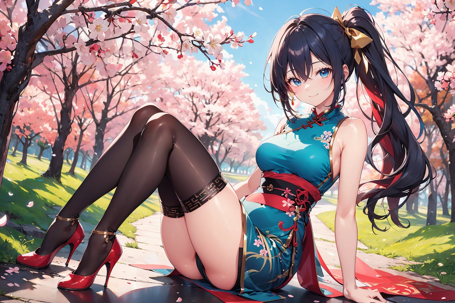 A 20-year-old girl with a smile, waist-long wavy hair, side ponytail, blue-red-gold cheongsam, stockings, high heels, light blue long hair, in the cherry blossom forest,