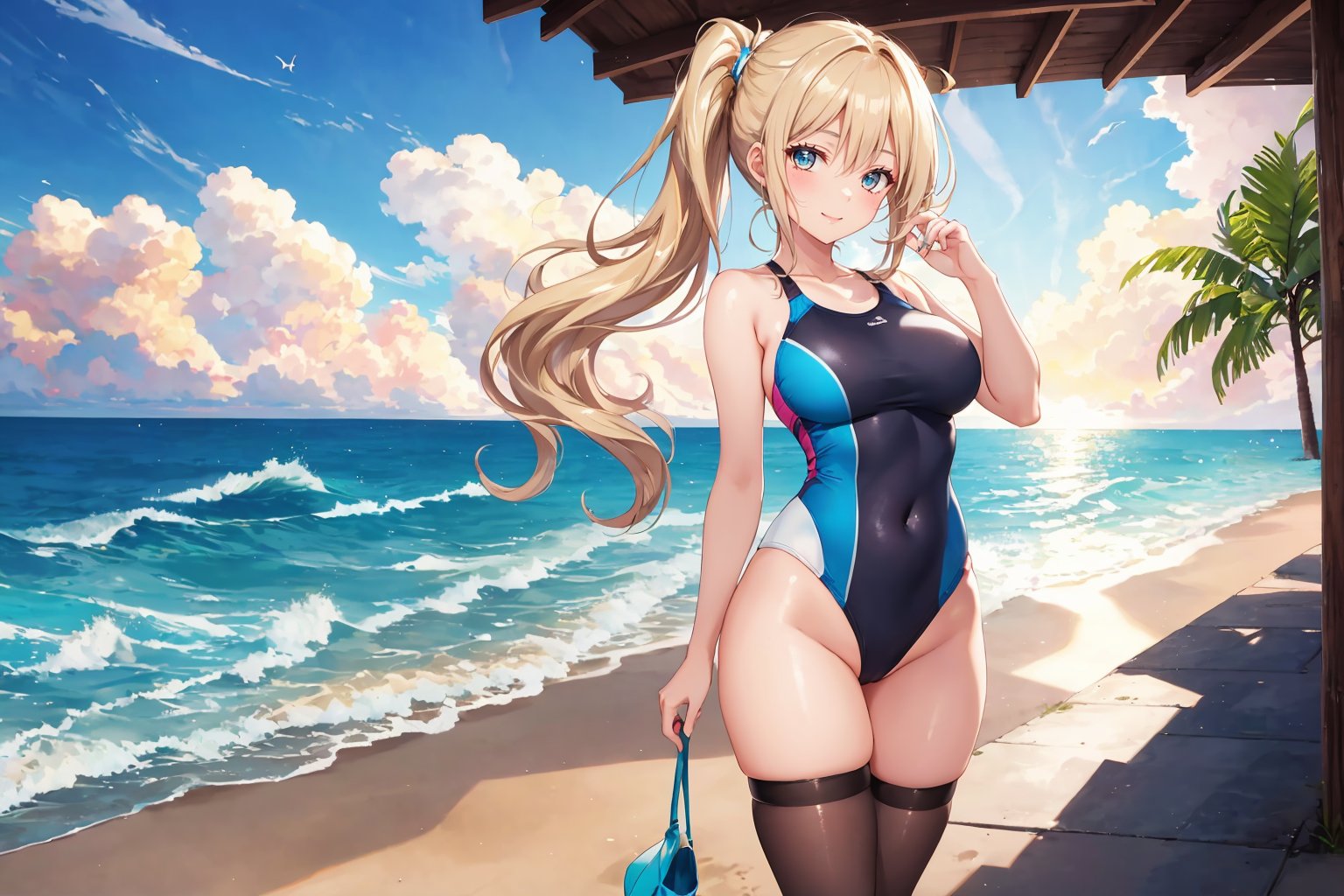 A 16-year-old girl stands confidently on the beach, her long light blond hair tied back in a side ponytail, with loose waves framing her face. She wears a bright swimsuit, paired with thigh-high stockings and high heels that add to her alluring pose. A gentle smile spreads across her face as she gazes out at the ocean, where a drizzly mist creates a romantic atmosphere.
