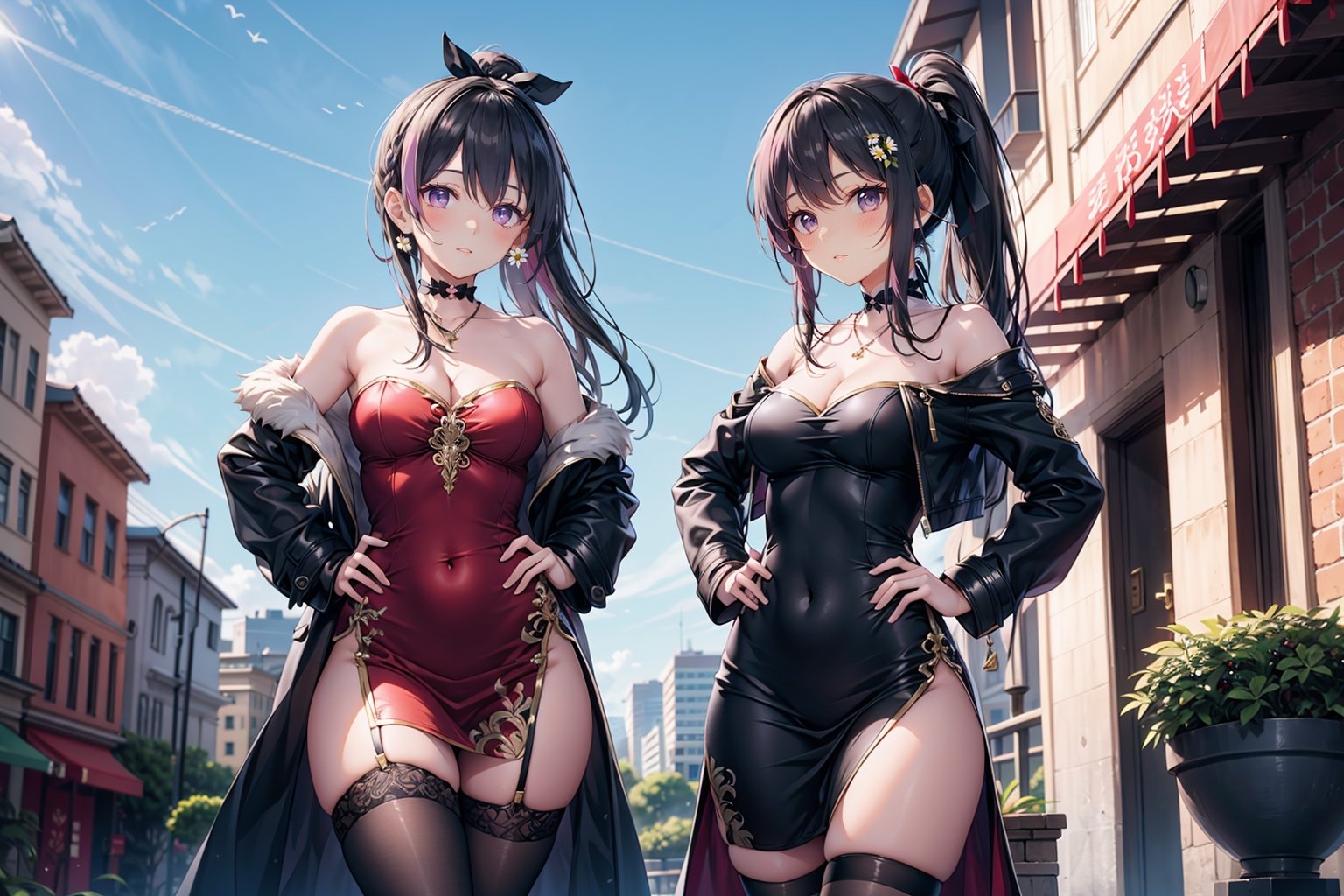 girls,very long hair, breasts, looking at viewer, bangs, black hair, hair ornament, thighhighs, long sleeves, dress, ribbon, cleavage, bare shoulders, brown eyes, jewelry, medium breasts, standing, collarbone, hair ribbon, ponytail, thighs, cowboy shot, earrings, outdoors, parted lips, open clothes, sky, choker, day, hairclip, black thighhighs, necklace, off shoulder, coat, black jacket, strapless, covered navel, garter straps, black choker, chinese clothes, red dress, plant, building, single thighhigh, china dress, strapless dress, pelvic curtain, side slit, hands on hips, open coat, black coat, city,aakurumi,lum