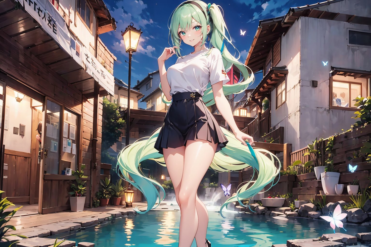 A 20-year-old girl with long wavy hair, knee-length hair, side ponytail, smiling, in a hot spring, short top, short sweater, short sleeves, short skirt, tulle shawl, stockings, high heels, long lilac hair , light blue long hair, light green long hair, butterfly hairband, standing posture