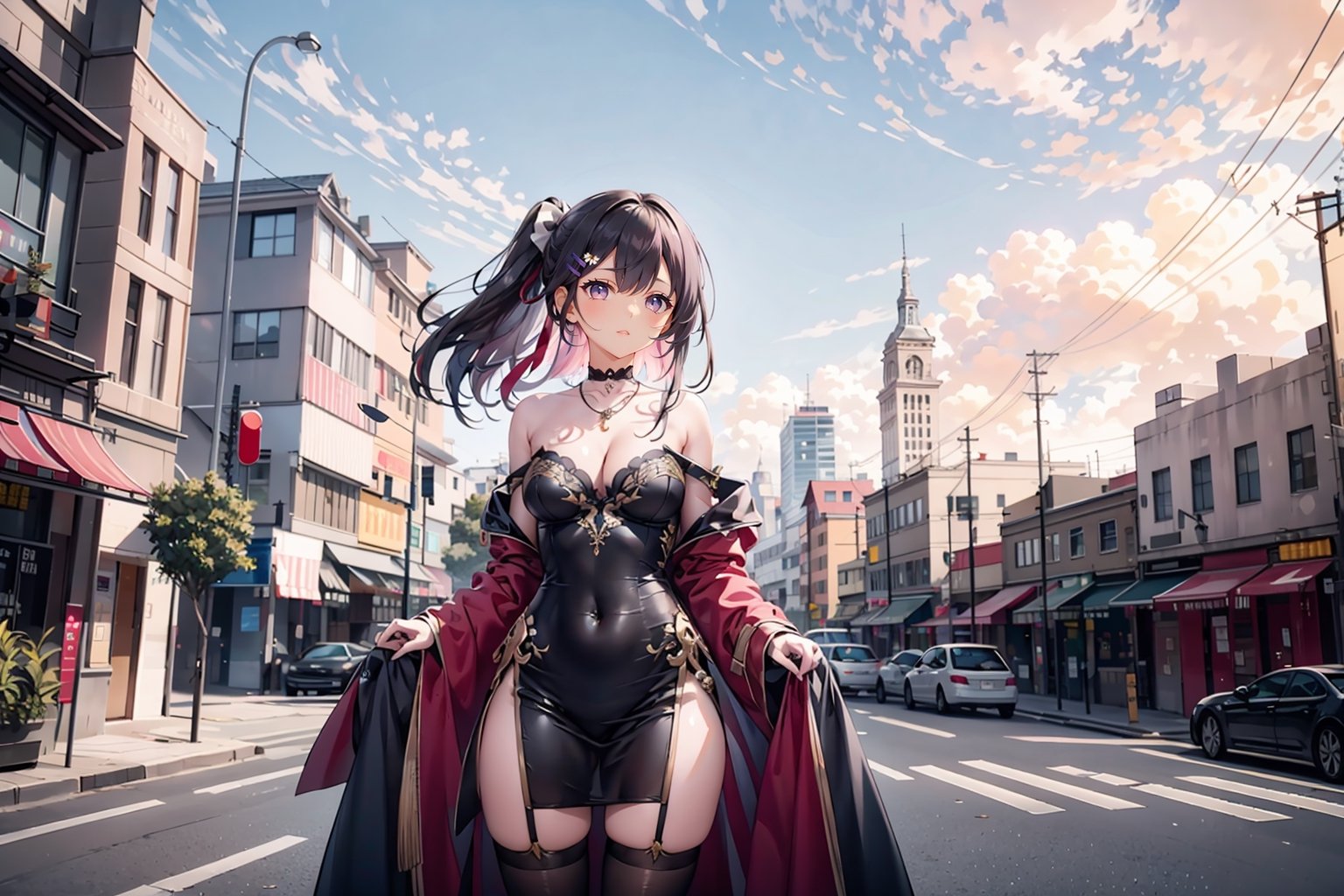 1girl, solo, long hair, breasts, looking at viewer, bangs, black hair, hair ornament, thighhighs, long sleeves, dress, ribbon, cleavage, bare shoulders, brown eyes, jewelry, medium breasts, standing, collarbone, hair ribbon, ponytail, thighs, cowboy shot, earrings, outdoors, parted lips, open clothes, sky, choker, day, hairclip, black thighhighs, necklace, off shoulder, coat, black jacket, strapless, covered navel, garter straps, black choker, chinese clothes, red dress, plant, building, single thighhigh, china dress, strapless dress, pelvic curtain, side slit, hands on hips, open coat, black coat, city,uruha rushia