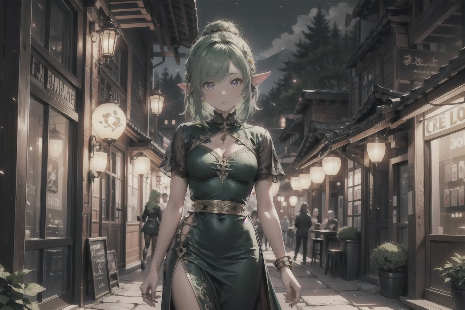 1girl,elf,elf_ears,green_hair,anime_hair,hairstyle,detailed eyes, forest, night, firefly, cowboy_shot,cute,cute style clothes,hair_accessories,accessories,aesthetic,