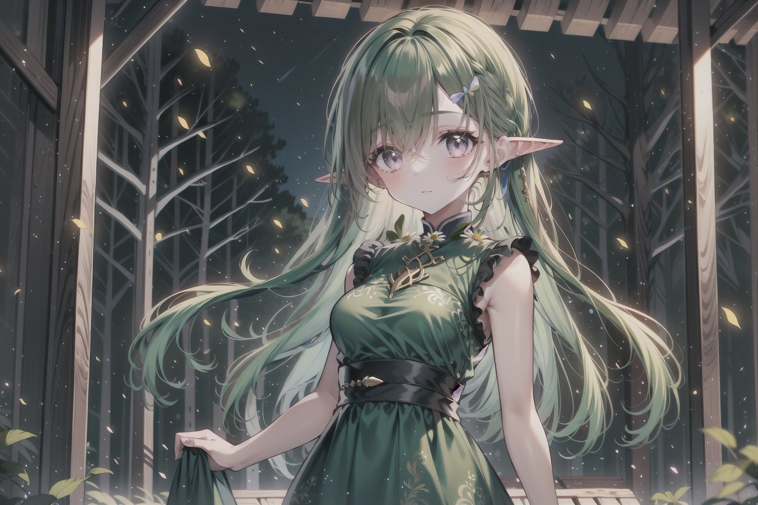 1girl,elf,elf_ears,green_hair,anime_hair,hairstyle,detailed eyes, forest, night, firefly, cowboy_shot,cute,cute style clothes,hair_accessories,accessories,aesthetic,