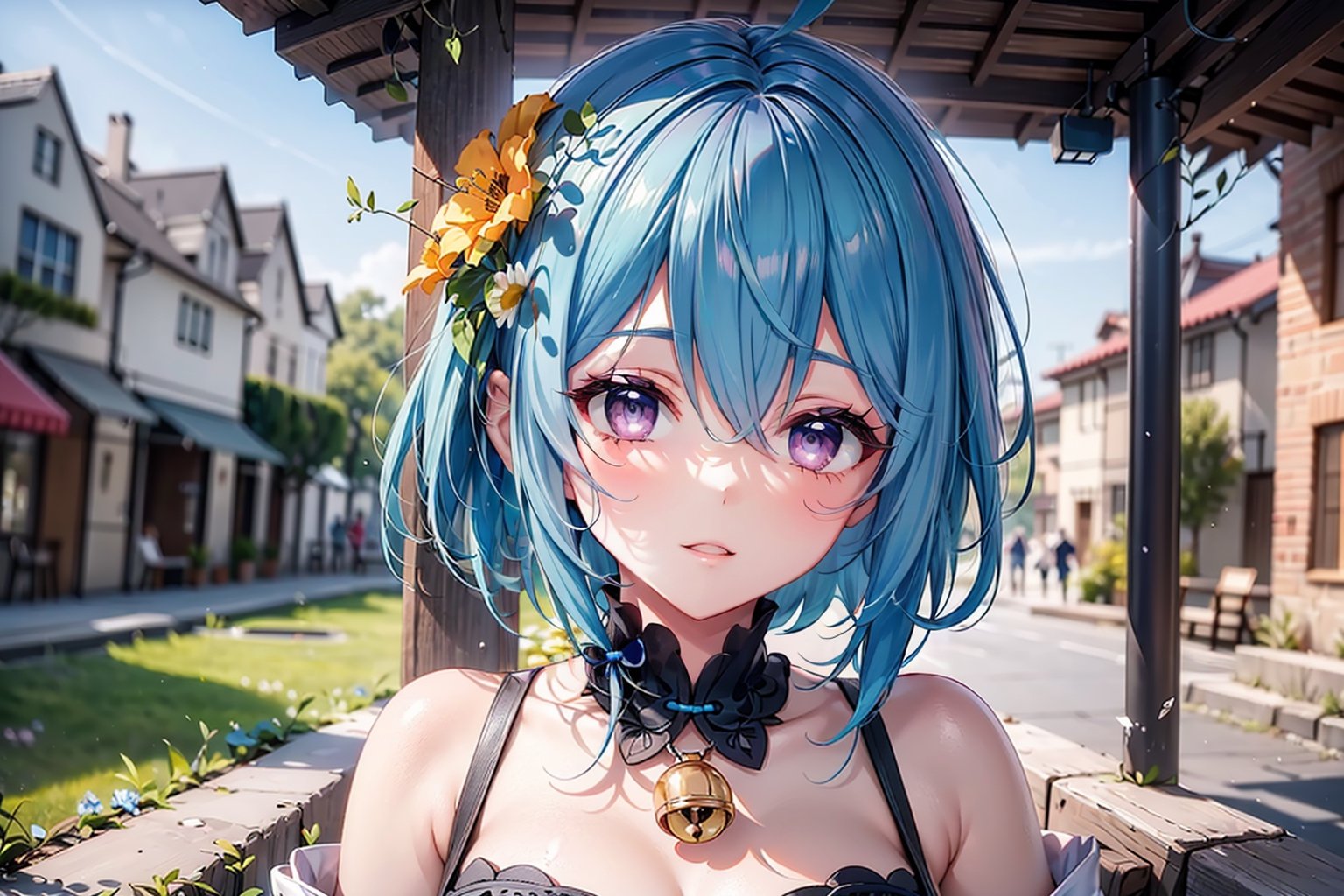(photorealistic:1.4), (masterpiece, sidelighting, finely detailed beautiful eyes: 1.2), masterpiece*portrait, realistic, 3d face, eula \(genshin impact\), 1girl, ahoge, architecture, By bangs,Bare shoulders,Bell,black glove,（Black tights,light blue hair,Hair pin）,Blushlush,Beautiful breasts,Chinese knot,the sleeve,flower knot,middle light blue hair,Look at the audience,middlebreast,Neckbells,aesthetic portrait
