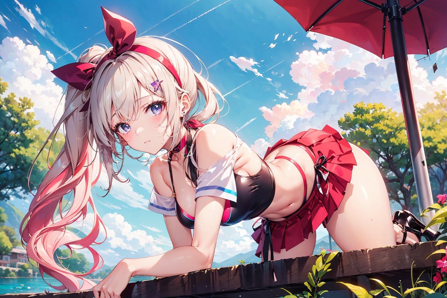 A 22-year-old girl with long hair above her waist, wavy hair, side ponytail, at the lakeside, short sleeves, black bikini, red bikini, short skirt, bare shoulders, high heels, light green long hair, purple long hair, white long hair Hair, pink bow headband,