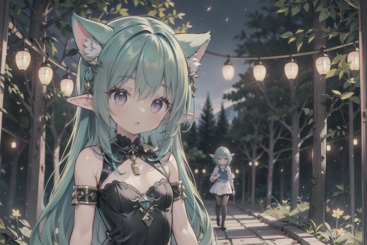 1girl,elf,elf_ears,green_hair,anime_hair,hairstyle,detailed eyes, forest, night, firefly, cowboy_shot,cute,cute style clothes,hair_accessories,accessories,aesthetic,