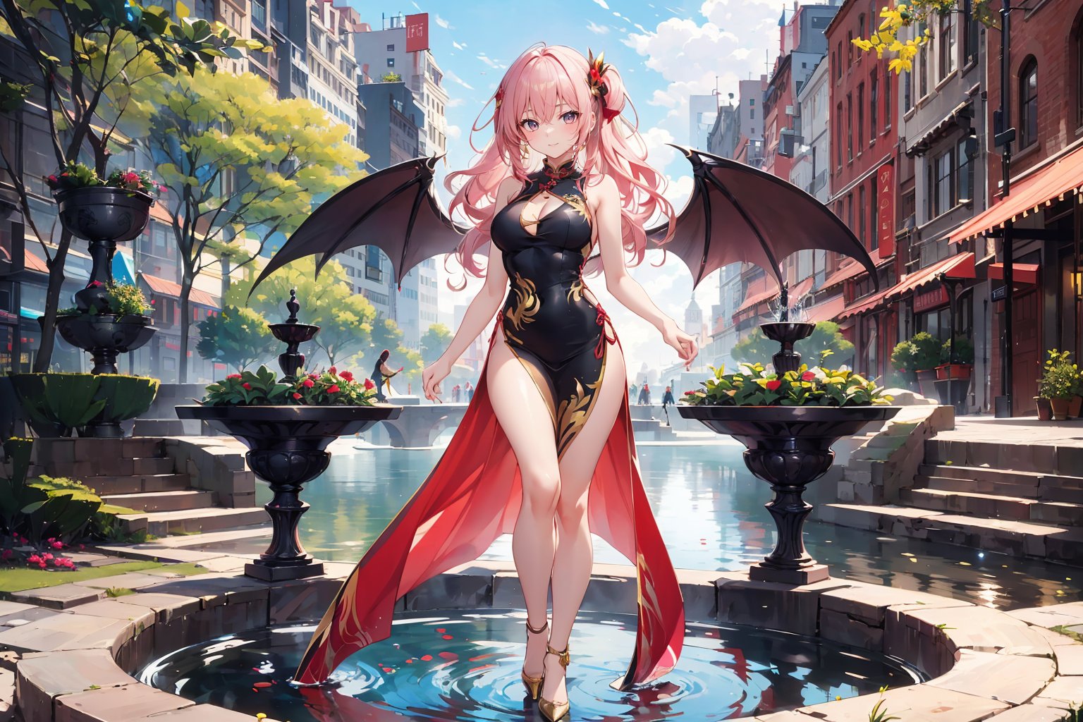A 17-year-old girl with a radiant smile and waist-long, wavy hair adorns a striking cheongsam dress in shades of white, red, and gold. Her legs are clad in high heels as she stands confidently in the Fountain Square, surrounded by serene water features. Unconventionally, her long pink locks cascade down her back like a fiery waterfall. Above all, majestic wings sprout from her shoulders, adding an ethereal touch to this whimsical scene.