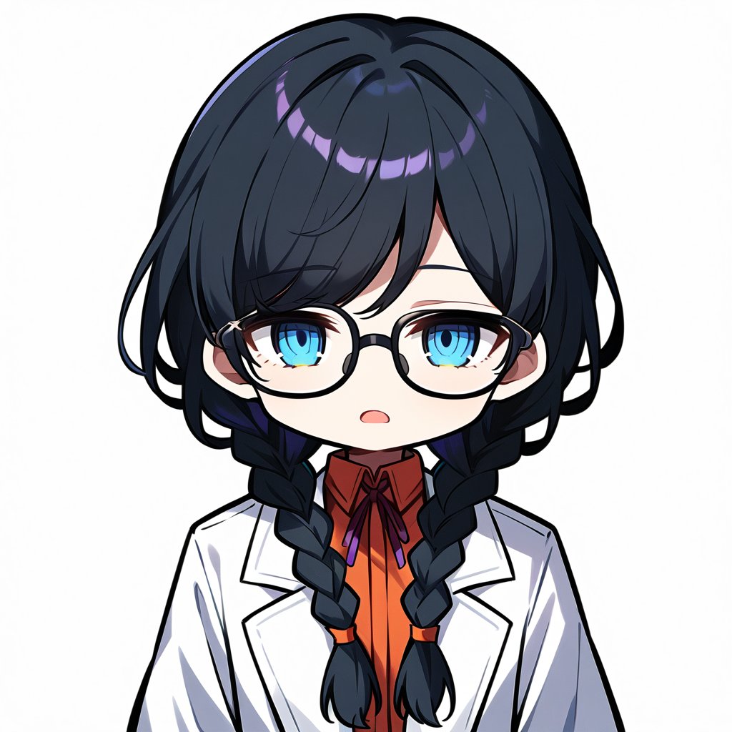 Score_9, score_8_up, score_7_up, source_anime, (masterpiece), best quality, expressive eyes, perfect face, ((white scientist coat, ribbon, long sleeves, glasses)), ((twin braids, low braids)), bangs, eye_half_opened, half-open eyes, ((portrait shot)), white background, solid background, long hair, looking at the viewer, black hair, solo, blue eyes, sharp eyes, empty eyes, calm, relaxed, 1girl, maplestory_style