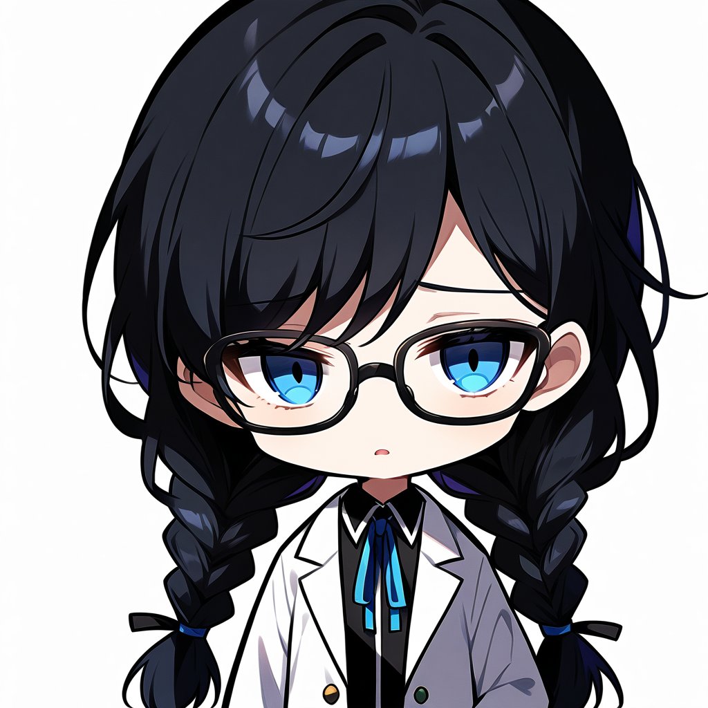 Score_9, score_8_up, score_7_up, source_anime, (masterpiece), best quality, expressive eyes, perfect face, ((white scientist coat, ribbon, long sleeves, glasses)), ((twin braids, low braids)), bangs, eye_half_opened, half-open eyes, ((portrait shot)), white background, solid background, long hair, looking at the viewer, black hair, solo, blue eyes, sharp eyes, empty eyes, calm, relaxed, 1girl, maplestory_style