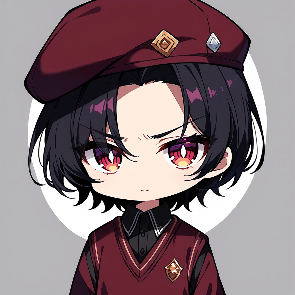 Score_9, score_8_up, score_7_up, source_anime, (masterpiece), best quality, expressive eyes, perfect face, ((black dress shirt, maroon sweater vest, maroon newsboy cap)), ((short hair, parted bangs, single hair strand in the middle)), sanpaku eyes, small pupils, ((portrait shot)), white background, solid background, looking at the viewer, black hair, solo, maroon eyes, sharp eyes, irritated, 1boy, maplestory_style