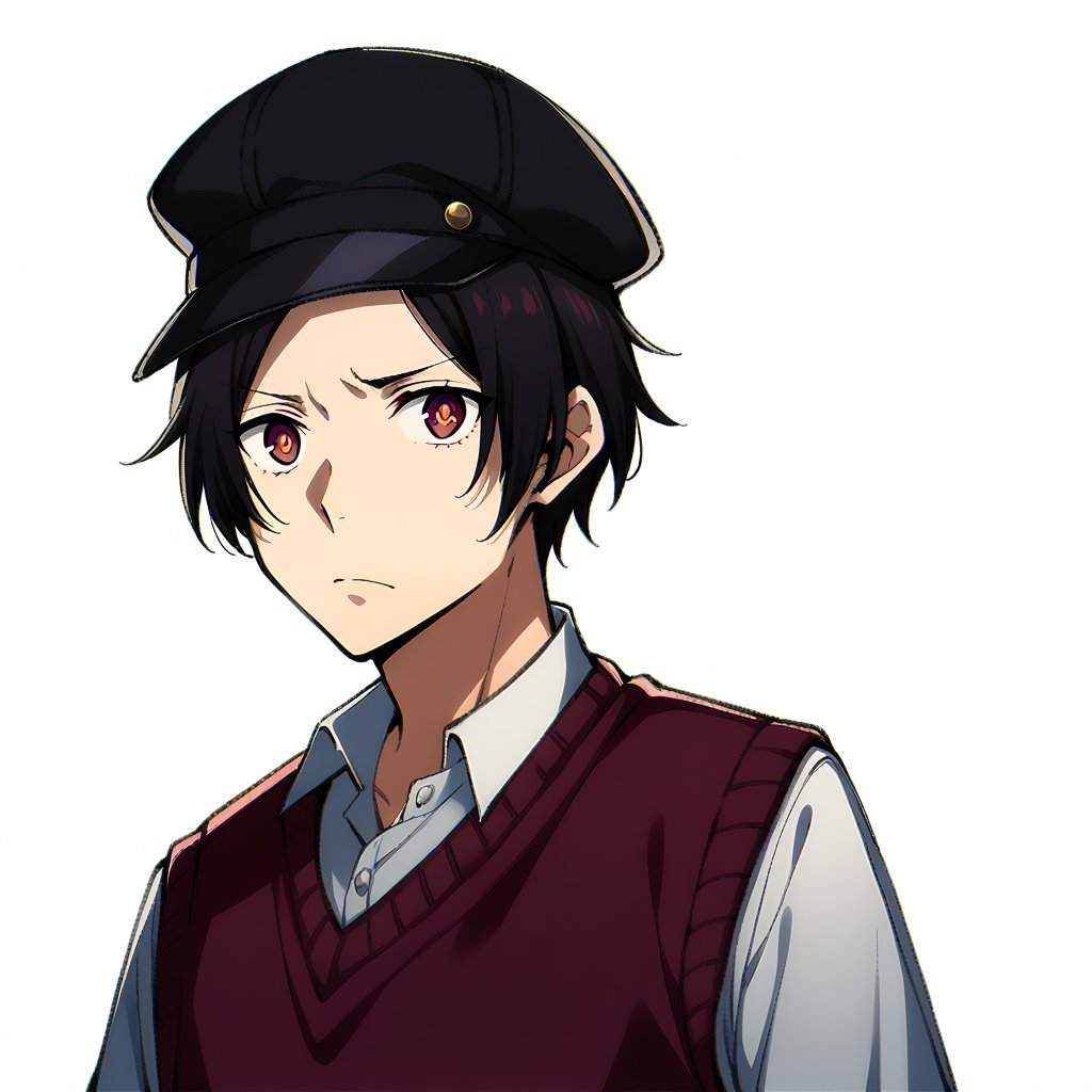 Score_9, score_8_up, score_7_up, source_anime, (masterpiece), best quality, expressive eyes, perfect face, ((1boy, solo)), ((black dress shirt, maroon sweater vest, newsboy cap)), ((short hair, single hair strand in the middle)), sanpaku eyes, small pupils, ((portrait shot)), white background, solid background, looking at the viewer, calm, relaxed, black hair, maroon eyes, sharp eyes, calm, relaxed