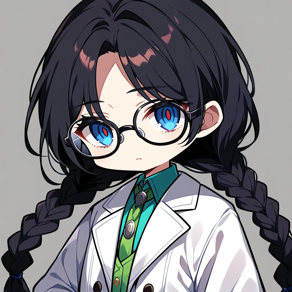 Score_9, score_8_up, score_7_up, source_anime, (masterpiece), best quality, expressive eyes, perfect face, ((white scientist coat, ribbon, long sleeves, glasses)), ((twin braids, low braids)), bangs, eye_half_opened, half-open eyes, ((portrait shot)), white background, solid background, long hair, looking at the viewer, black hair, solo, blue eyes, sharp eyes, empty eyes, calm, relaxed, 1girl, maplestory_style