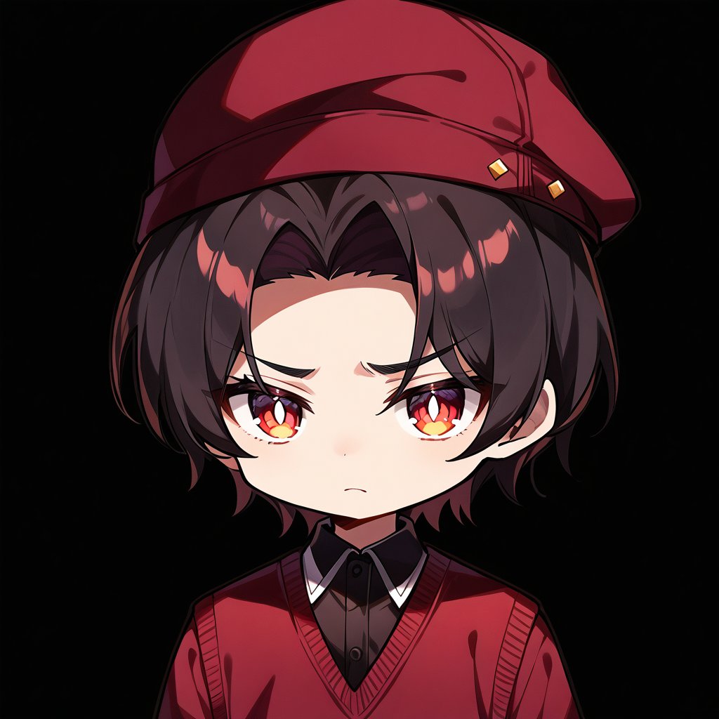 Score_9, score_8_up, score_7_up, source_anime, (masterpiece), best quality, expressive eyes, perfect face, ((black dress shirt, maroon sweater vest, maroon newsboy cap)), ((short hair, parted bangs, single hair strand in the middle)), ((sanpaku eyes)), ((small pupils)), ((portrait shot)), white background, solid background, looking at the viewer, black hair, solo, maroon eyes, sharp eyes, irritated, 1boy, maplestory_style