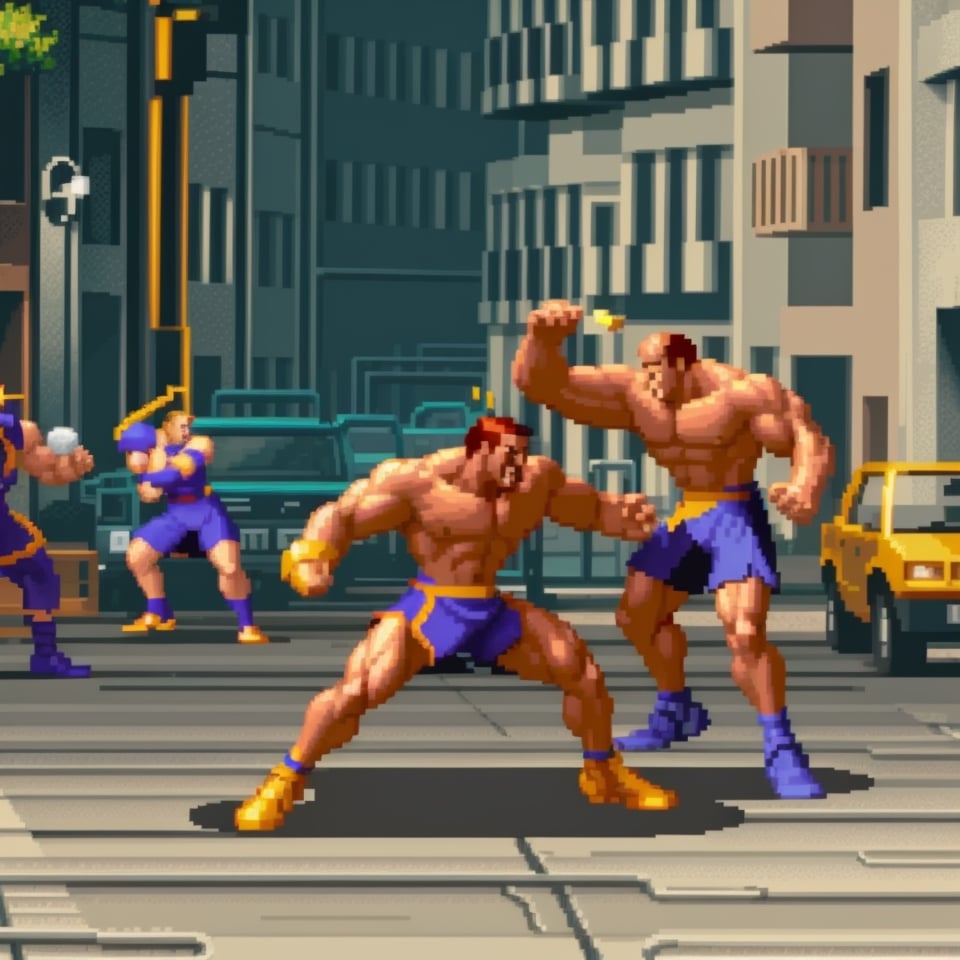 (masterpiece), (best quality, high quality), best perspective picture of a side-scrolling video-game scene of adult 2heroes fighting another multiple-enemies at the urban street, isometric view, side view, realistic fighting movement, high-action:1.125, (new, newest, original, epic fighting video-game composition, best side-scrolling fighting scene video-game design), best-seller, pixel art, hack-and-slash video game style:1.2, symmetric pixels, perfect geometry, Streets of Rage video-game, Final Fight/video-game, Art of Fighting/arcade, Golden Axe_/(Video-game)/, capcom, snk, konami, sega, PixelArt, honest, humble, sober pixels, 1980s Arcade games style, fate/series, ufotable, clamp, Street Fighter/series, ,PixelArt,CARTOON,STYLE,CHARACTER,<lora:659111690174031528:1.0>