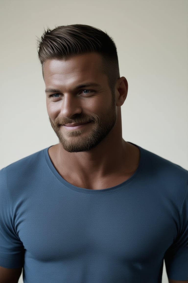 A stunning portrait of a stylish man with dark skin and short hair, sporting a well-groomed beard. He's dressed in modern, trendy attire that exudes masculinity. Framed against the backdrop of an art workshop, he's lost in creative expression, a smile of happiness spread across his face. The shallow depth of field isolates him from the surroundings, drawing focus to his confident demeanor. Softly lit with a matte finish, this high-resolution masterpiece radiates artistic excellence and originality.