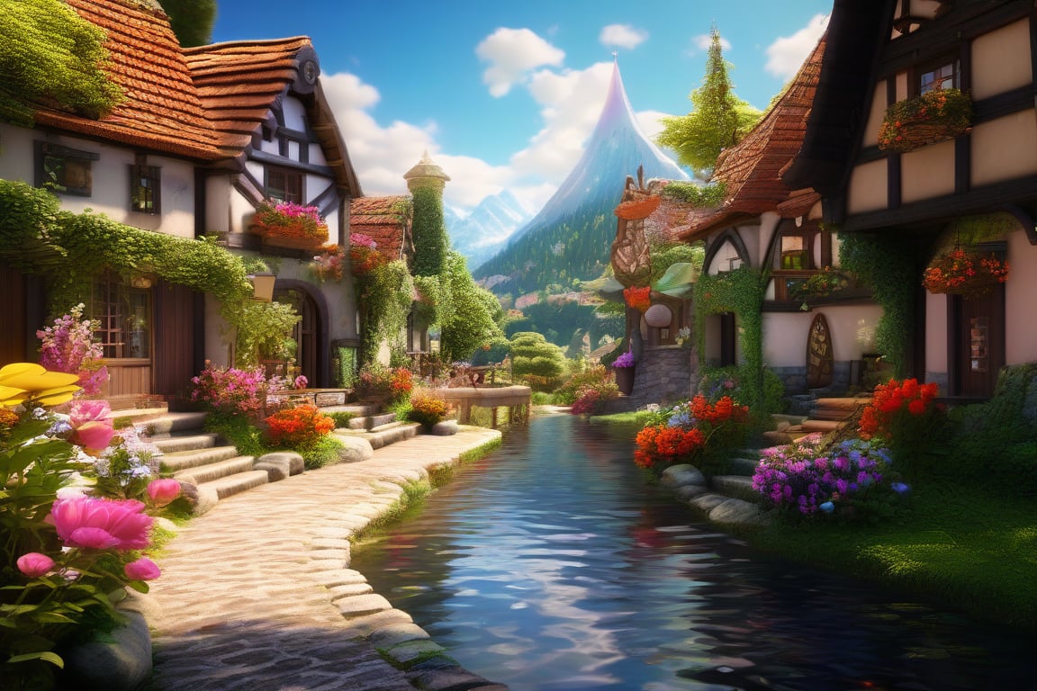 3d rendering, absurdperfect image of a medival village, highly intricate, reflections, decorations, flowers, plants, structures, statues, beautiful, professional space design, surreal quality, highres, depth of field, impressive, perfect, highly-detailed, joyful, cinematic, exceptional masterpiece, high-definition, smooth clear clean CGI in UHD, unreal engine,, colorful, vibrant, alive, vivid, happy, historical,