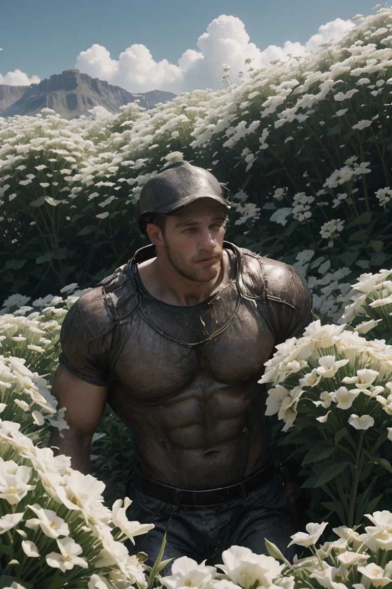 my favorite image of a handsome male miner near flowers, symmetry is excellent, highres image scan, associated press, centrefold, professional shutterstock smooth clear clean image, no crop, exceptional well-generated symmetric perfect masculine (lantzer) male miner person,softglow effect, matte, realistic,photorealistic,Masterpiece