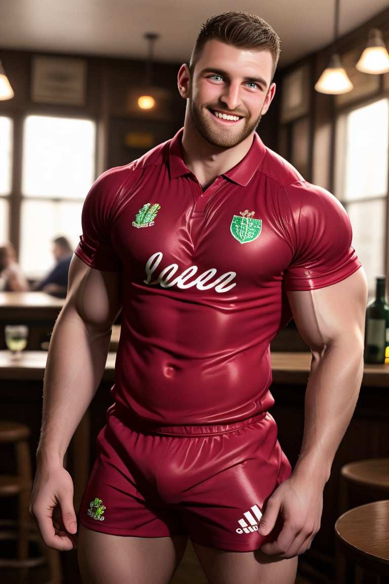 Liamman, a rugged English gent, beams with joy as he cheers at the pub. His short hair and brown facial hair are perfectly groomed. He's dressed in a rugby shirt and shorts, blending seamlessly into the faded crowd behind him. Soft glow effect adds depth to this UHD masterpiece, capturing Liamman's genuine happiness. Professional photo captures his joyful moment in stunning detail.