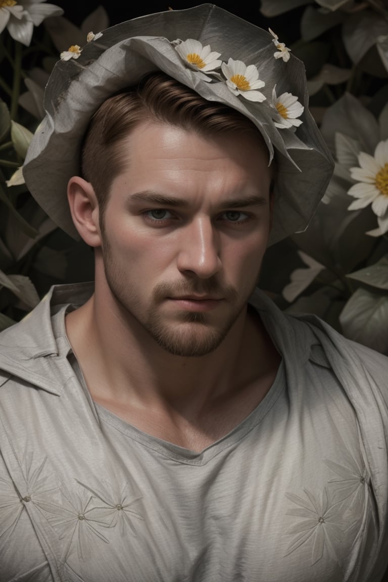 my favorite image of a handsome male miner near flowers, symmetry is excellent, highres image scan,  centrefold, professional  smooth clear clean image, no crop, exceptional well-generated symmetric perfect masculine (lantzer) male miner person,softglow effect, matte, realistic,photorealistic,Masterpiece