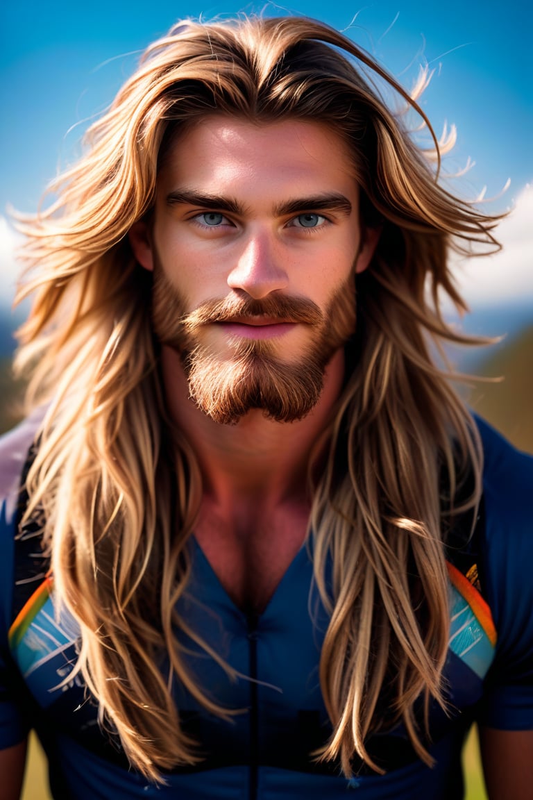 (masterpiece, only realistic, best quality), perfect professional photo of a handsome Welsh man called herin, he has pale-brown messy long hair, beard, wearing sportswear, outdoors, uhd, highres, high-definition, vibrant, matte, colorful, exceptional epic photo portrait, symmetry is excellent,