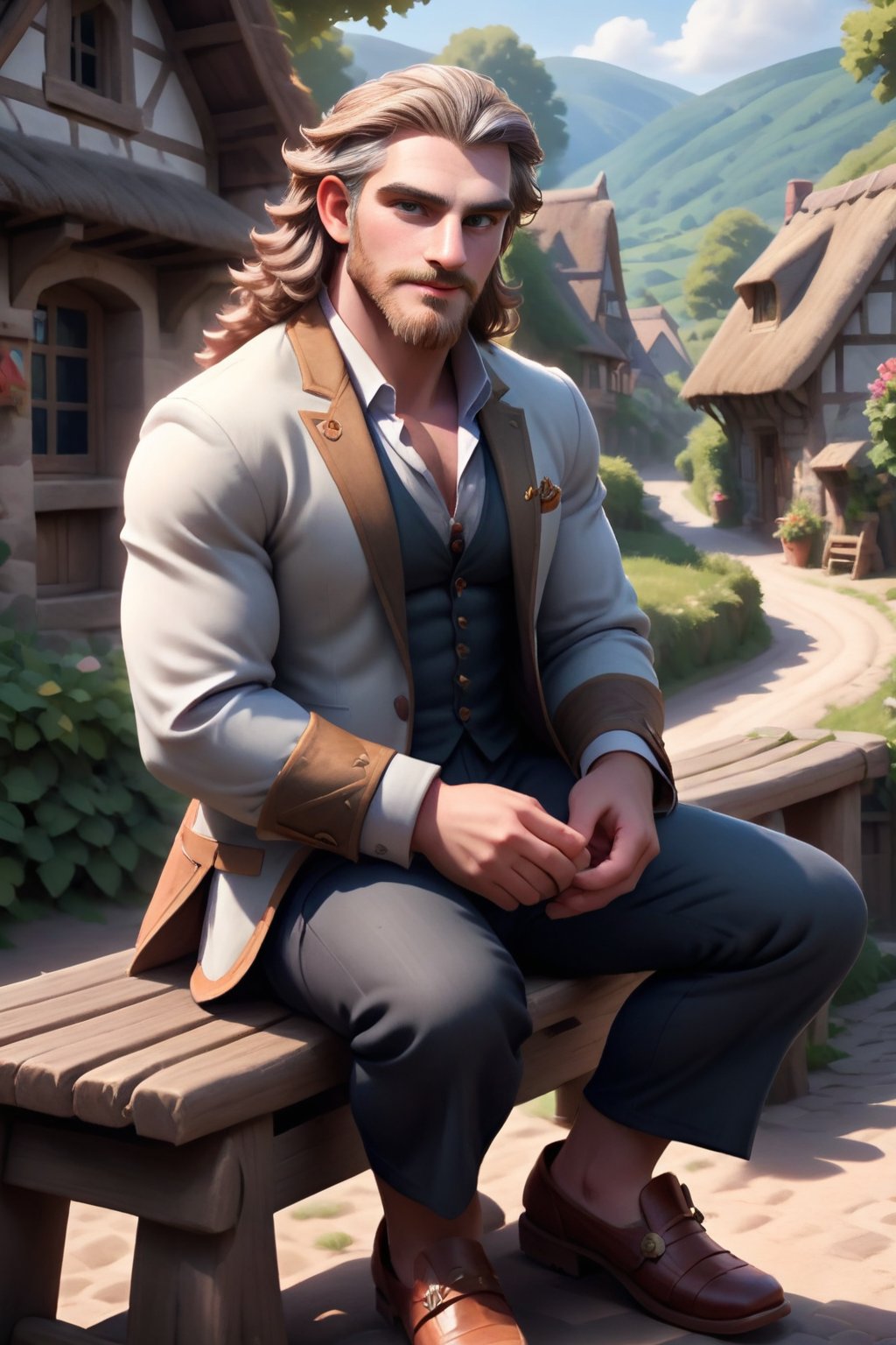 Herin, the dashing Welsh bard, sits cross-legged on a worn wooden bench, his grey-ish brown hair flowing like a river of gold in the warm sunlight. His beard, flecked with hints of honey and amber, is adorned with a delicate silver brooch, as he plucks the strings of his instrument with skillful fingers. The medieval village bustles behind him, a blurred tapestry of thatched roofs, fluttering laundry, and lively villagers, yet Herin's music captivates all in its path. A masterpiece of vivid colors and textures, this scene radiates joy, good vibes, and optimistic energy in UHD resolution.