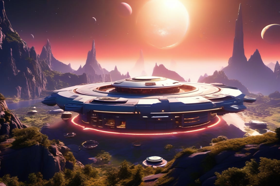 3d rendering, absurdperfect image of a space colony on an alien planet, professional space design, surreal quality, highres, depth of field, impressive, creative, perfect, highly-detailed, joyful, cinematic, exceptional masterpiece, high-definition, smooth clear clean CGI in UHD, unreal engine, colorful, vibrant, alive, vivid, futuristic, sci-fi, science fiction,