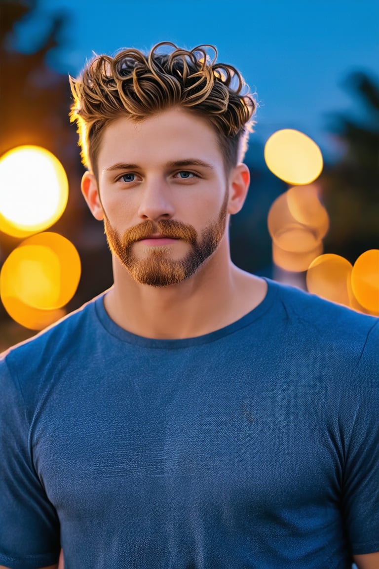 realistic professional photo image of a man, handsome lad, short wavy hair, facial goatee, portrait, dramatic backlighting, realistic, exceptional masterpiece, bokeh, outdoors, night, perfect, highres, high-quality, high-definition, leica 65mm, 