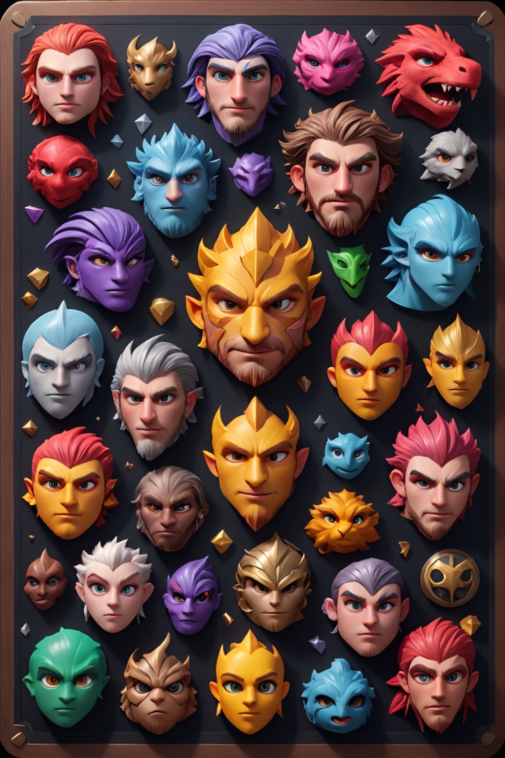 game rpg charater head icon design design, multiple random rpg character head with intricate face icons emblems on a organized board, professiona concept art, 3d, unreal engine, highres, high-definition, profesional smooth clear clean cgi in uhd printed in glossy paper, exceptional masterpiece, epic creative, absurdoriginal, fun, cute, ray-tracing reflections,