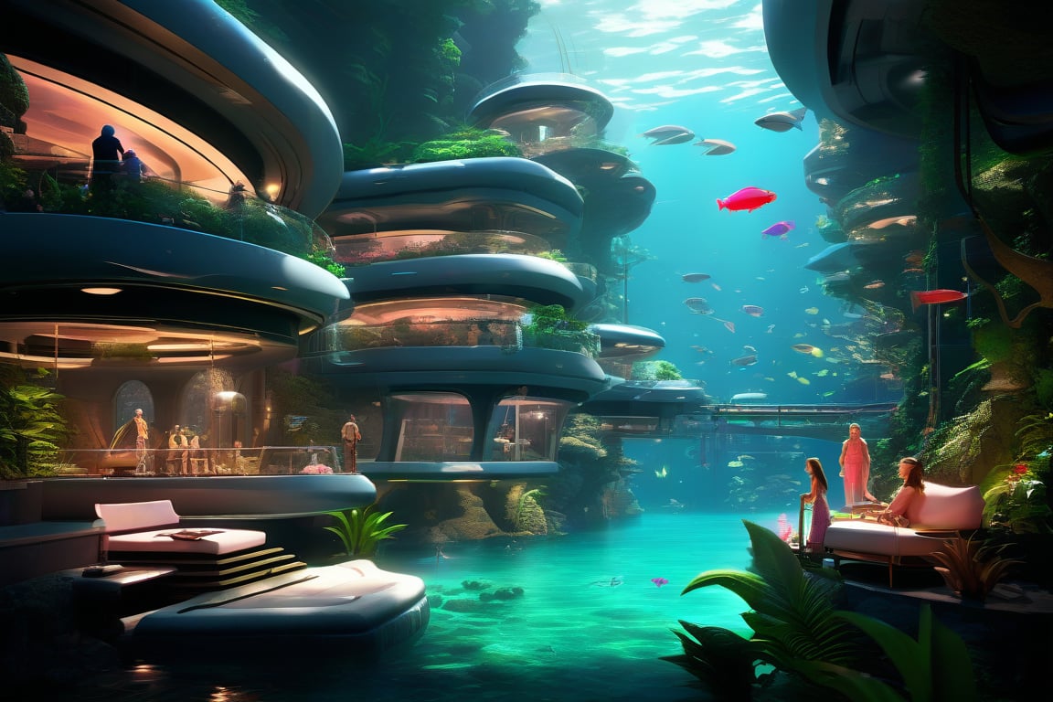 absurdperfect inside an underwater futuristic city on the bottom of the sea, widows to exotich fish and underwater vibrant nature, indoors, futuristic people, robots, wide-angle, radiant, colorful, depth of field, professional exceptional space design masterpiece, intricate details , award-winning smooth clear clean CGI 64k Wallpaper printed in glassy paper,  professional concept art, 3d, unreal engine, highres, high-definition,  epic creative, absurdoriginal, fun,  ray-tracing reflections, (rendered in Maya),