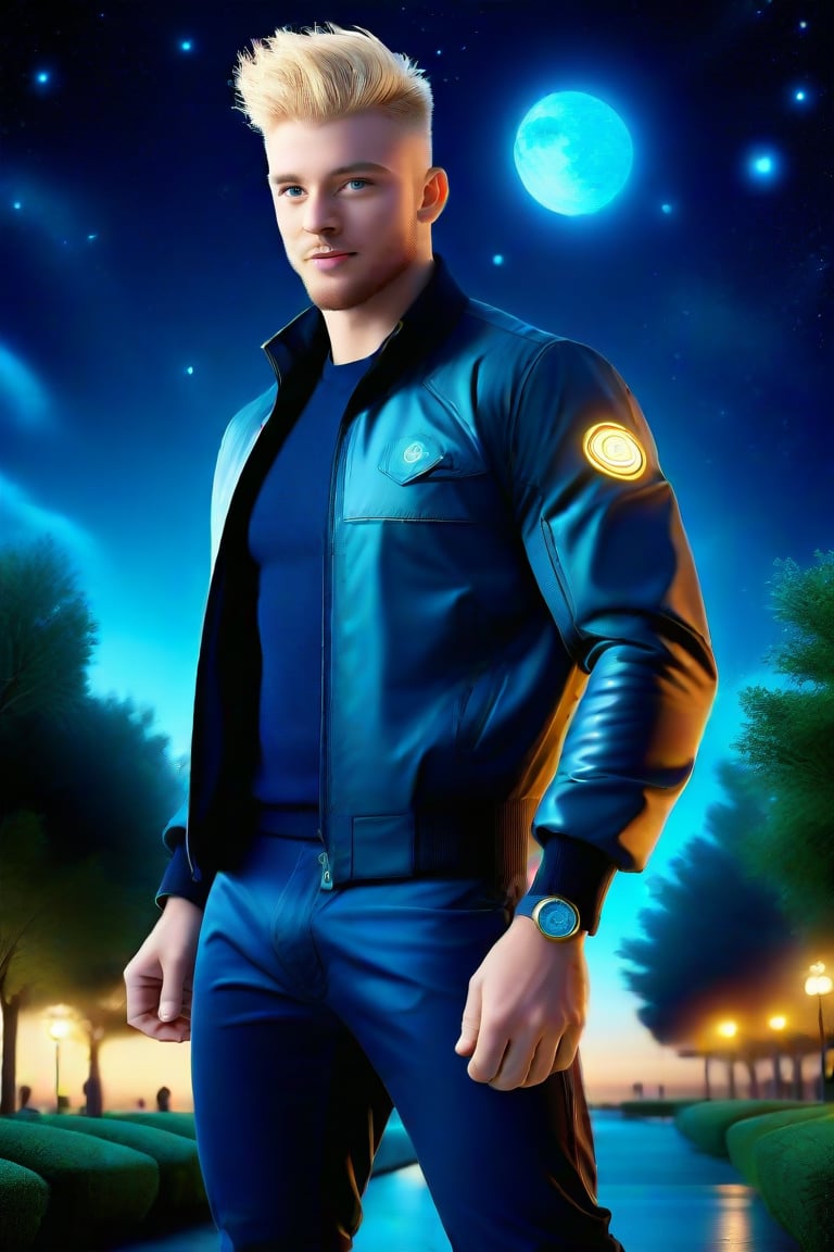 my favorite perfect image of a masculine handsome  mature muscular British Daniel man,   professional 3d, wearing  masculine techworker jacket pants boots, rendered in SFM, outdoors,  professional epic portrait, night park, short hair flowing with the wind,  dynamic, stunning colorful night, star lit sky, plants, nature, moon beam, unreal engine, ray-tracing reflections, vibrant colorful ambient occlusion, exceptional smooth masterpiece CGI wallpaper in UHD printed in glossy paper, highres image scan, dynamic, original, vibrant, alive, vivid, new, newest, award-winning, shallow depth of field, creative, blue eyes, pale blonde facial hair, 