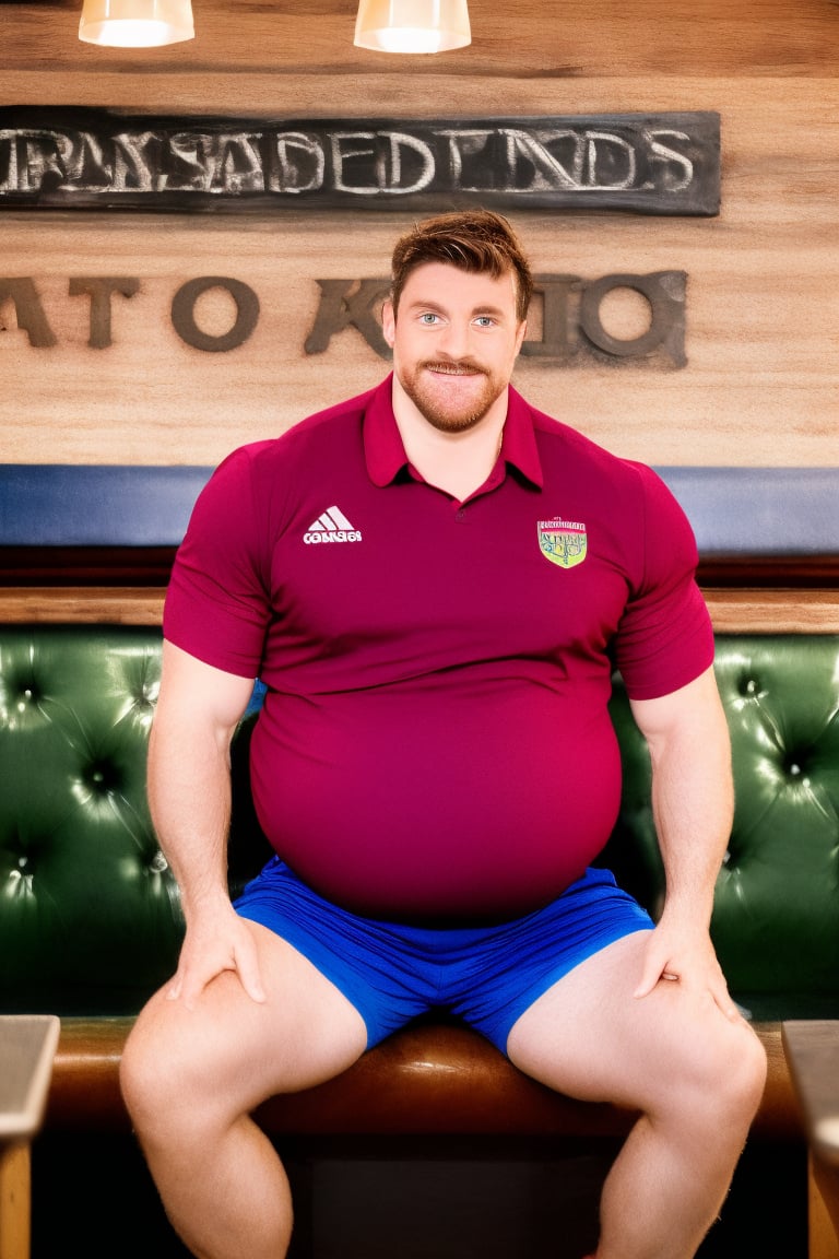 Ollie, a plump and handsome English man, sits proudly at the pub, his face flushing with joy. His brown facial hair is neatly trimmed, complementing his bright blue eyes. Short hair adds to his rugged charm as he wears a rugby shirt and shorts, exuding charisma through his wide smile. The sharp focus and high-resolution detail capture every aspect of his celebration, as team mates gather in the faded background. The vibrant colors pop against the matte finish, creating an original masterpiece with intricate depth and a sense of fun.