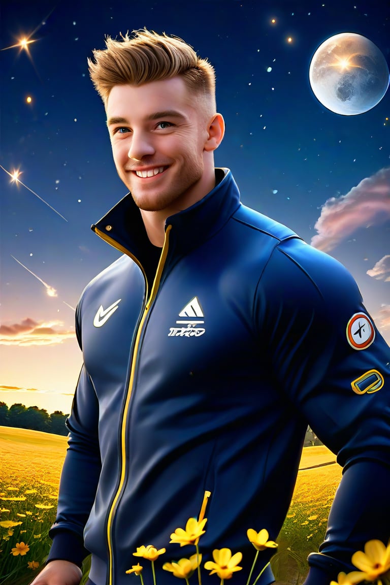 my favorite perfect image of a masculine handsome  mature muscular British Daniel man,   professional 3d, wearing  masculine tracksuit, rendered in SFM, outdoors,  professional epic portrait, flowers fields, short hair flowing with the wind, smiling, dynamic, stunning nature landscape, night, star lit sky, plants, nature, moon beam, unreal engine, ray-tracing reflections, vibrant colorful ambient occlusion, exceptional smooth masterpiece CGI wallpaper in UHD printed in glossy paper, highres image scan, dynamic, original, vibrant, alive, vivid, new, newest, award-winning, shallow depth of field, creative