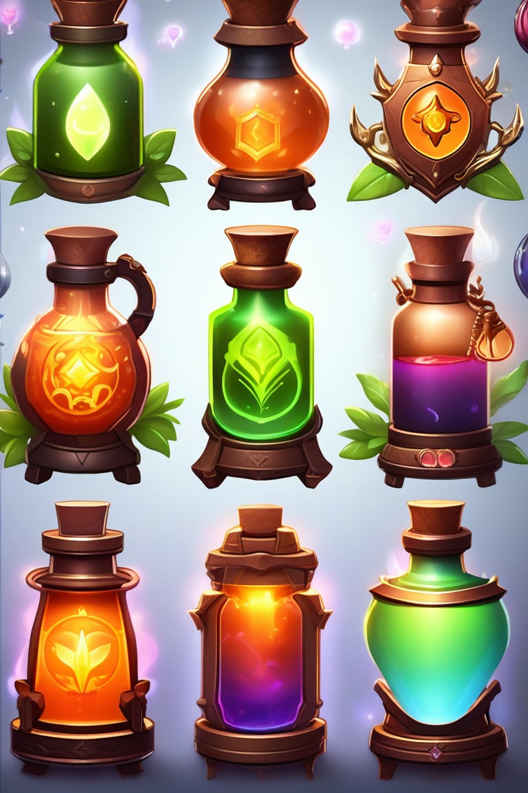 game rpg potions design design, multiple random rpg glowing potions with intricate icons emblems on a organized board, professiona concept art, 3d, unreal engine, highres, high-definition, profesional smooth clear clean cgi in uhd printed in glossy paper, exceptional masterpiece, epic creative, absurdoriginal, fun, cute, ray-tracing reflections,