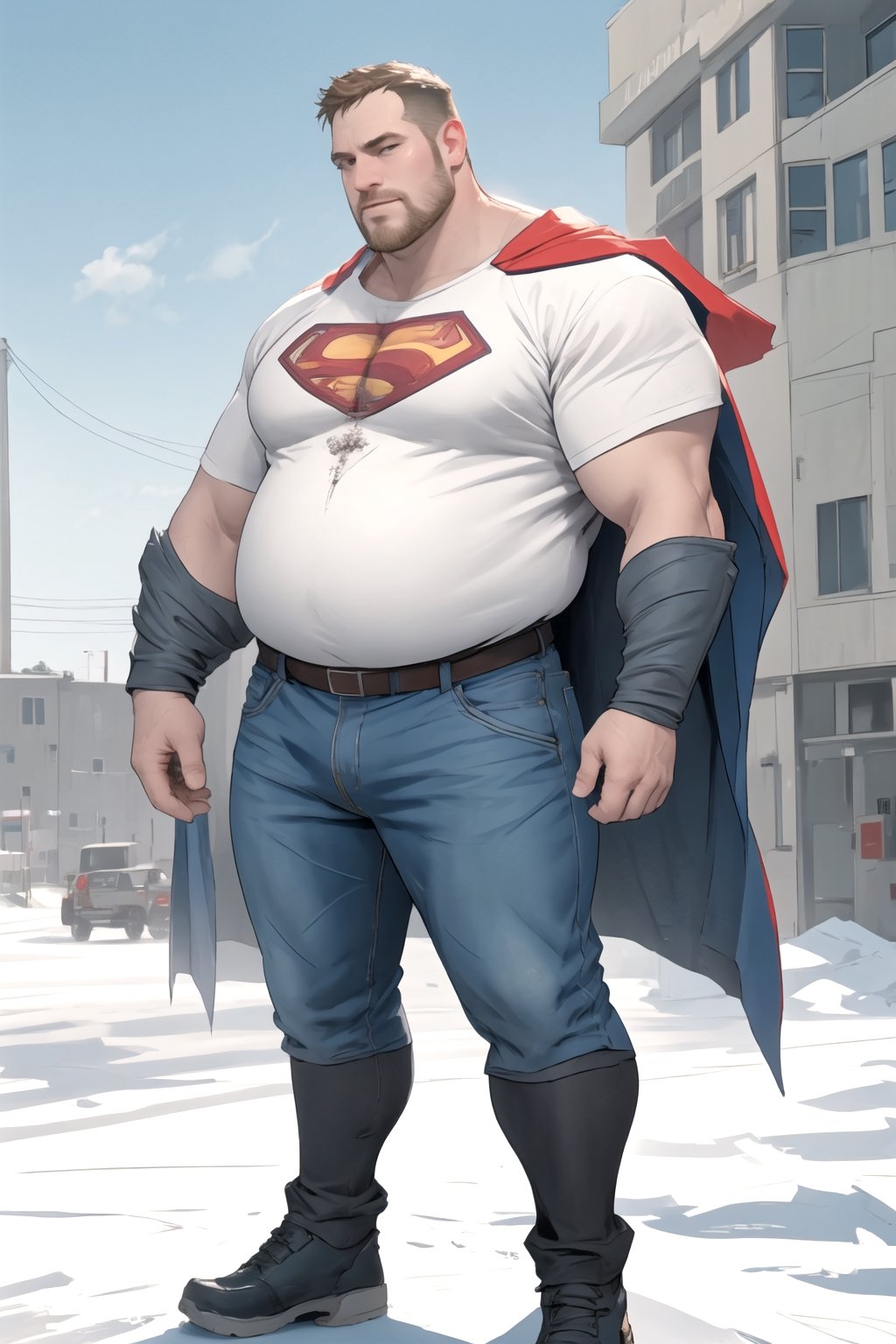 a man in a superman costume standing in the snow, gabe newell as a superman, danny devito as superman, peter griffin body type, super scale rendered, superman pose, superman, inspired by Mark Zug, buff man, superhero body, super buff and cool, peter griffin in real life, nicholas cage as superman, fat batman, peter griffin as a real person