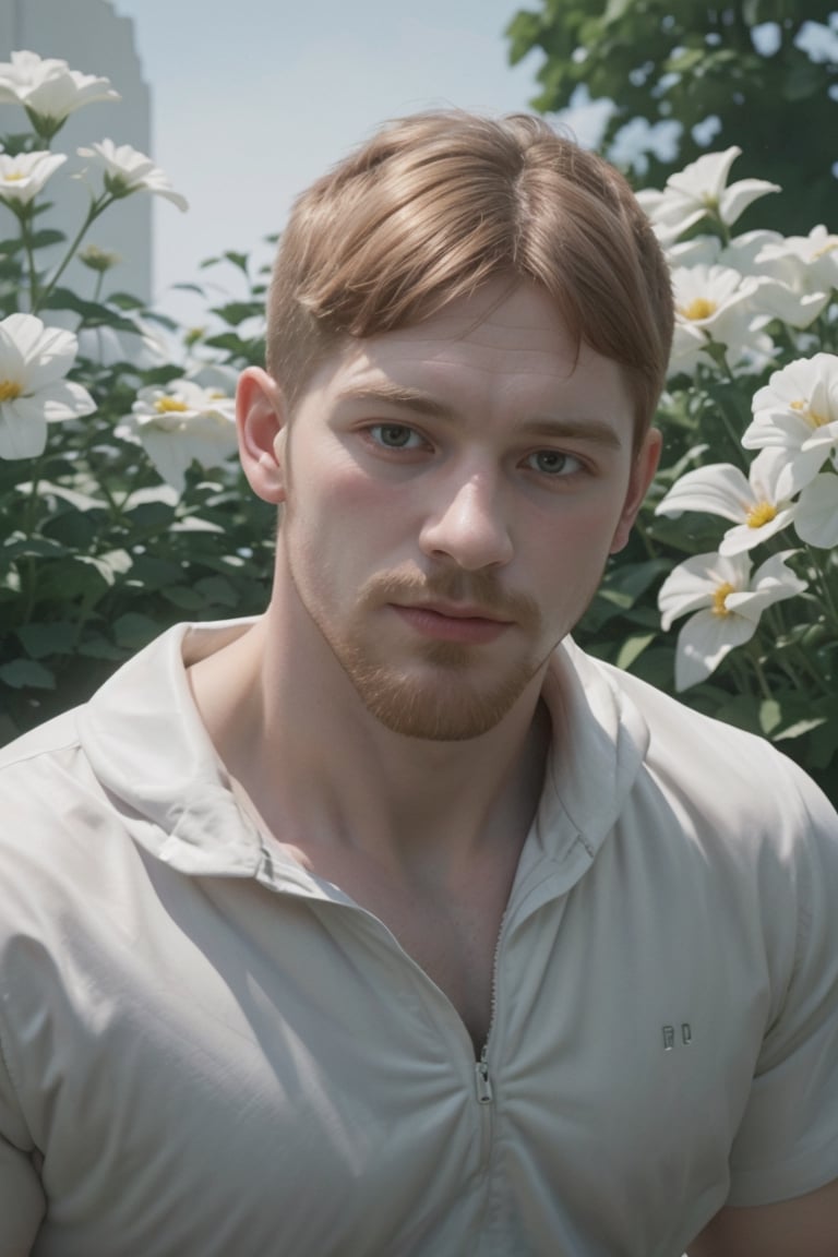 my favorite image of a handsome male miner near flowers, symmetry is excellent, highres image scan,  centrefold, professional  smooth clear clean image, no crop, exceptional well-generated symmetric perfect masculine (lantzer) male miner person, pale ginger short hair, undercut, softglow effect, matte, realistic,photorealistic,Masterpiece