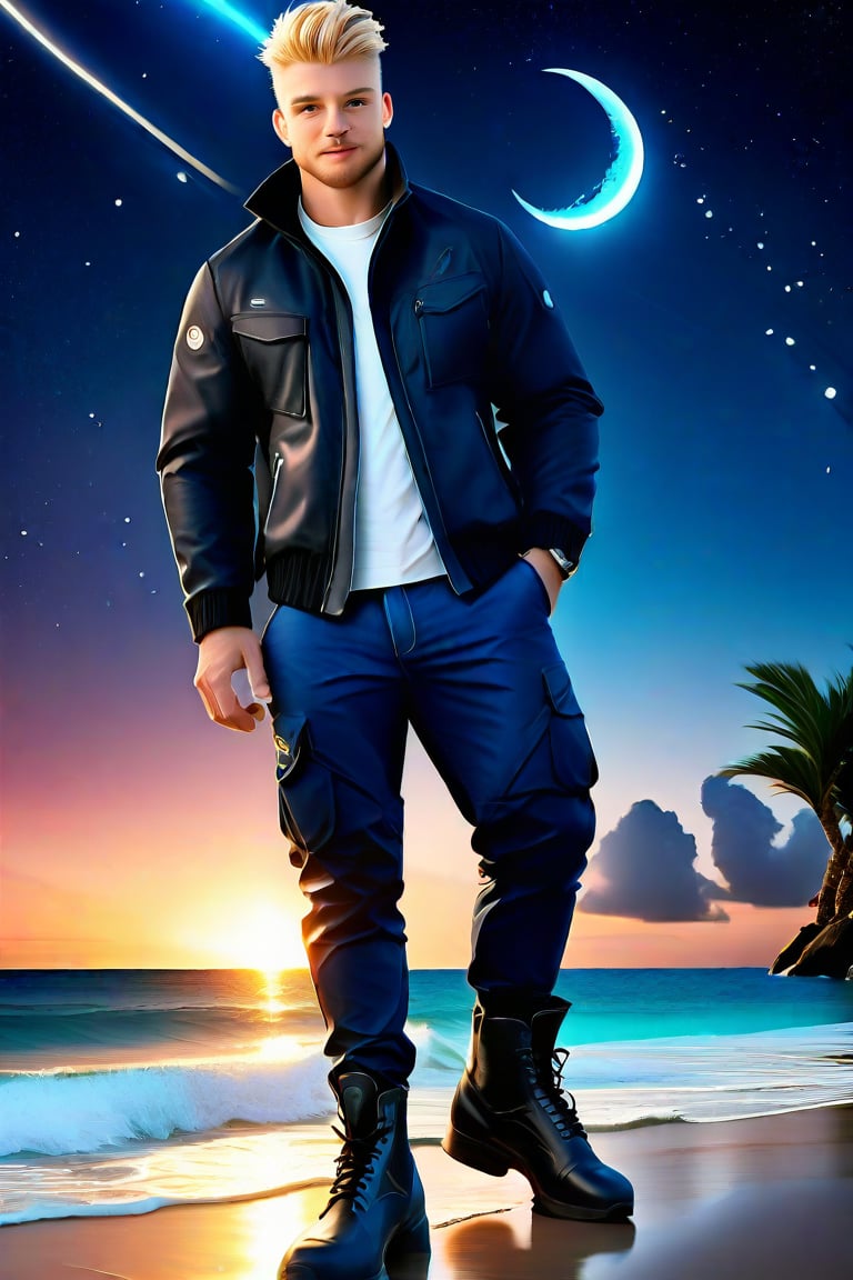 my favorite perfect image of a masculine handsome  mature muscular British Daniel man,   professional 3d, wearing  masculine techworker jacket pants boots, rendered in SFM, outdoors,  professional epic portrait, night beach, short hair flowing with the wind,  dynamic, stunning night reflective ocean, star lit sky, plants, nature, moon beam, unreal engine, ray-tracing reflections, vibrant colorful ambient occlusion, exceptional smooth masterpiece CGI wallpaper in UHD printed in glossy paper, highres image scan, dynamic, original, vibrant, alive, vivid, new, newest, award-winning, shallow depth of field, creative, blue eyes, pale blonde facial hair, 