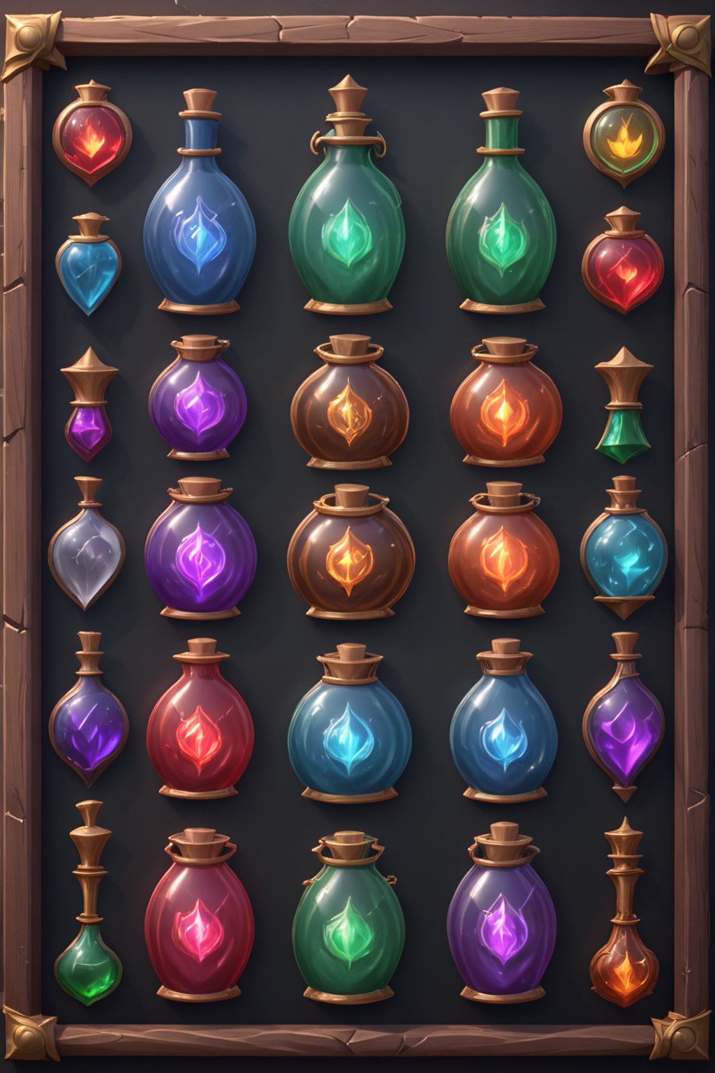 game rpg POTION design design, multiple random rpg POTIONS emblems on a organized board, professiona concept art, 3d, unreal engine, highres, high-definition, profesional smooth clear clean cgi in uhd printed in glossy paper, exceptional masterpiece, epic creative, absurdoriginal, fun, cute, ray-tracing reflections,