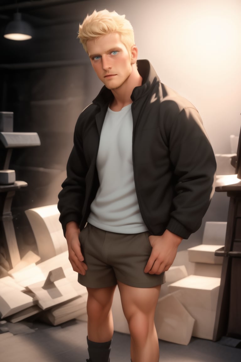 Ryder, a 25-year-old Englishman, sits on a pile of books in his designer studio. His blonde hair and beard glisten under daylight's warm glow. Blushing slightly, he looks directly at the viewer with highly-detailed blue eyes that seem to vibrate with creative energy. He wears an open jacket, undershirt, shorts, socks, and sneakers, giving off a relaxed yet artistic aura. The white abstract background is covered in scribbles and colored pencil marks, reflecting Ryder's artistic personality. In high-definition UHD, the image appears exceptional and realistic, with every detail meticulously rendered, from the matte finish to the colorful accents.