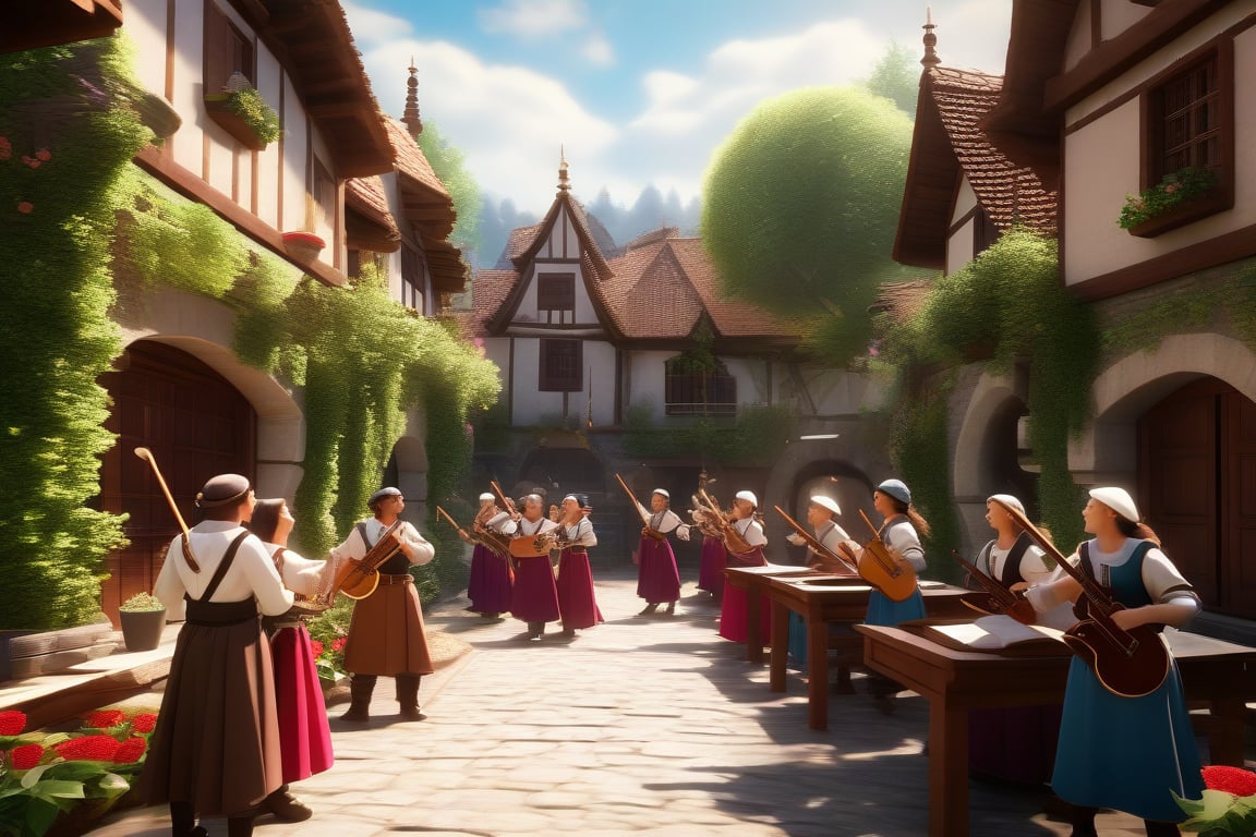 3d rendering,absurdperfect image of a medieval village with realistic traditional band marching while playing instruments, realistic crowd cheering in faded background,  highly intricate, reflections, decorations, flowers, plants, structures, statues, beautiful, professional space design, surreal quality, highres, depth of field, impressive, perfect, highly-detailed, joyful, cinematic, exceptional masterpiece, high-definition, smooth clear clean CGI in UHD, unreal engine,, colorful, vibrant, alive, vivid, happy, historical,